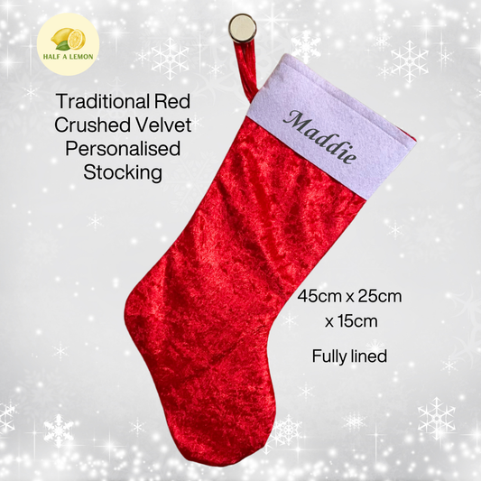 Personalised Christmas Stockings, Red Velvet Stocking, Standard Size 45cm x 25cm x 15cm - Fully Lined