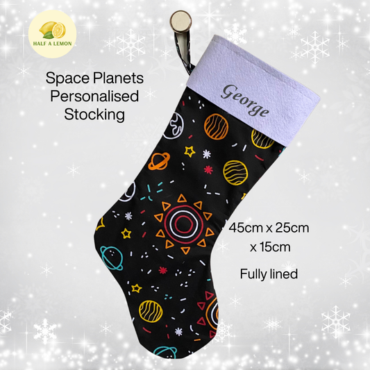 Christmas Stocking, Personalised Christmas Stockings, gift, Space Planet Stocking, Size 45cm x 15cm Top to Toe, Fully Lined, Decor,