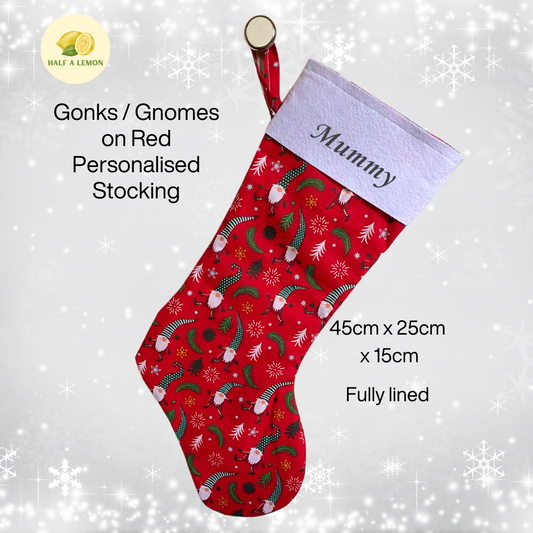 Christmas Stocking, Personalised Christmas Stockings, gift, Gonks on Red Stocking, Size 45cm x 15cm Top to Toe, Fully Lined, Decor,