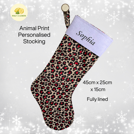 Christmas Stocking, Personalised Christmas Stockings, gift, Animal Print Stocking, Size 45cm x 15cm Top to Toe, Fully Lined, Decor,