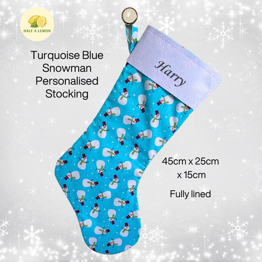 Christmas Stocking, Personalised Christmas Stockings, gift, Snowmen on Blue Stocking, Size 45cm x 15cm Top to Toe, Fully Lined, Decor,