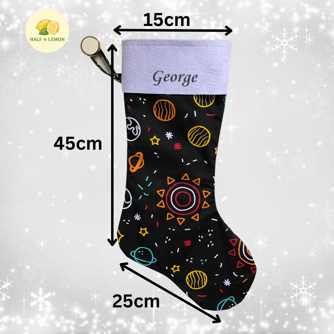 Christmas Stocking, Personalised Christmas Stockings, gift, Space Planet Stocking, Size 45cm x 15cm Top to Toe, Fully Lined, Decor,