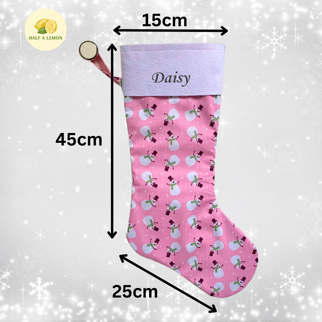 Christmas Stocking, Personalised Christmas Stockings, gift, Snowmen on Pink Stocking, Size 45cm x 15cm Top to Toe, Fully Lined, Decor,