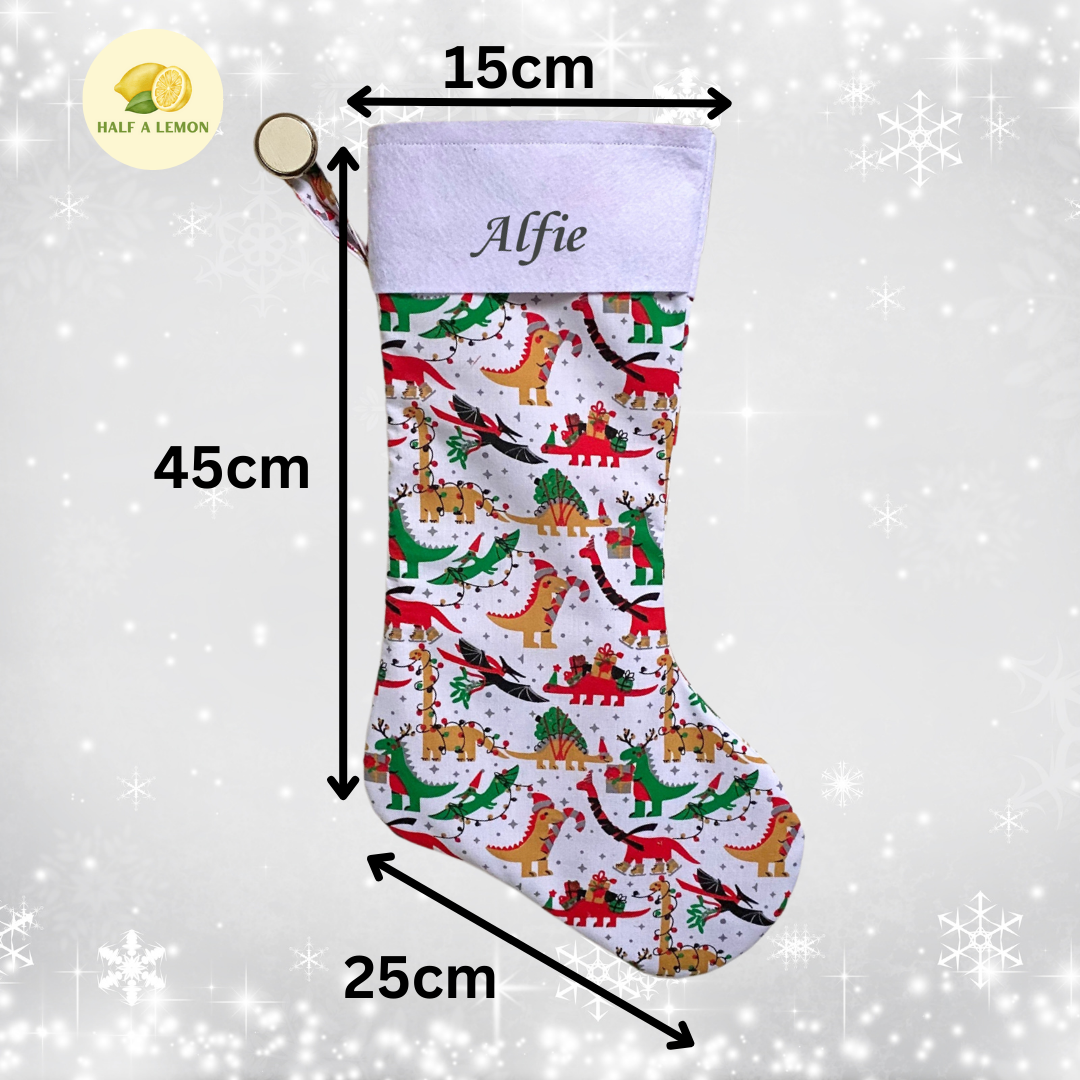 Christmas Stocking, Personalised Christmas Stockings, gift, Dinosaurs Stocking, Size 45cm x 15cm Top to Toe, Fully Lined, Decor,
