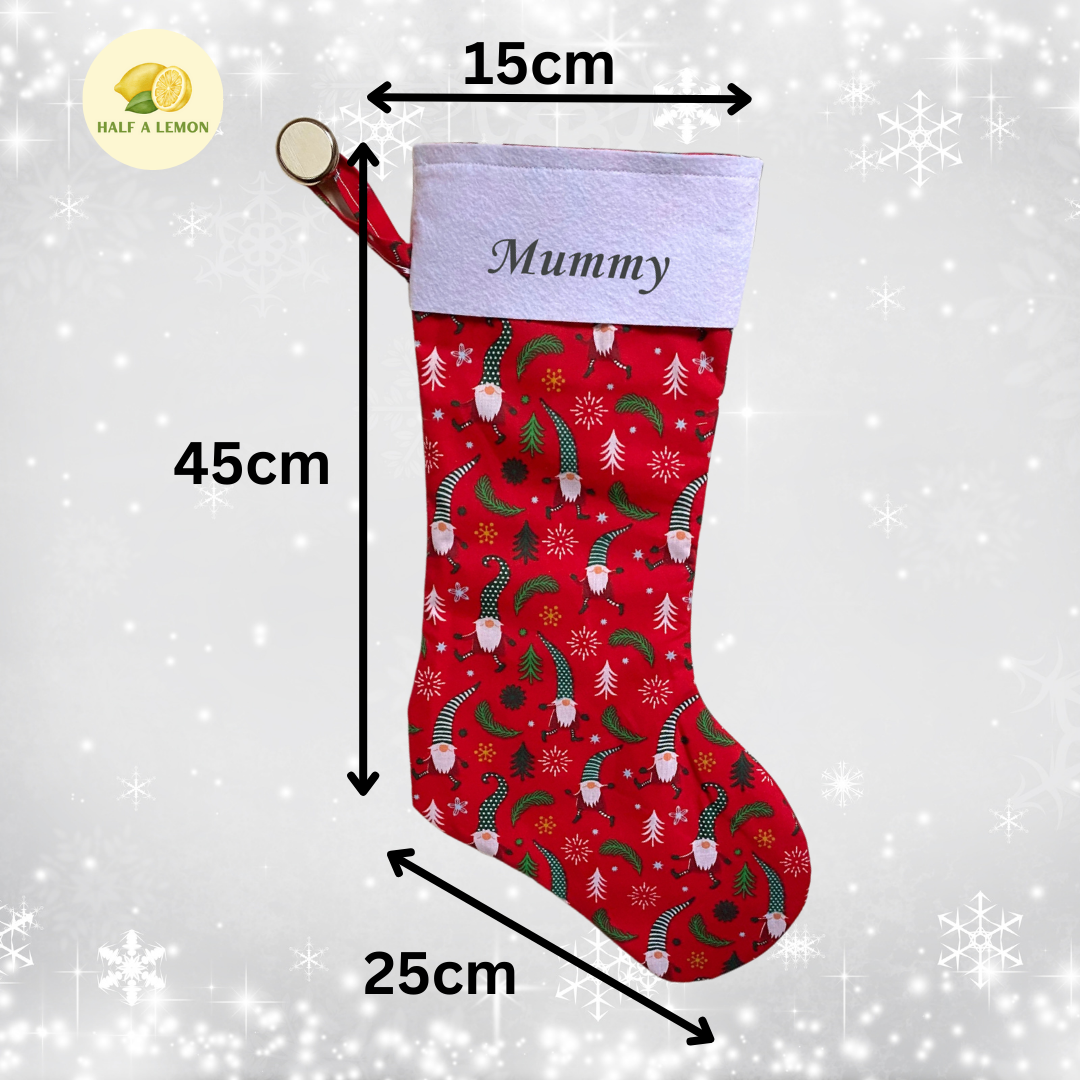 Christmas Stocking, Personalised Christmas Stockings, gift, Gonks on Red Stocking, Size 45cm x 15cm Top to Toe, Fully Lined, Decor,