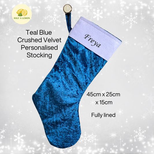 Christmas Stocking, Personalised Christmas Stockings, gift, Teal Blue Green Velvet Stocking, Size 45cm x 15cm Top to Toe, Full Lined, Decor,