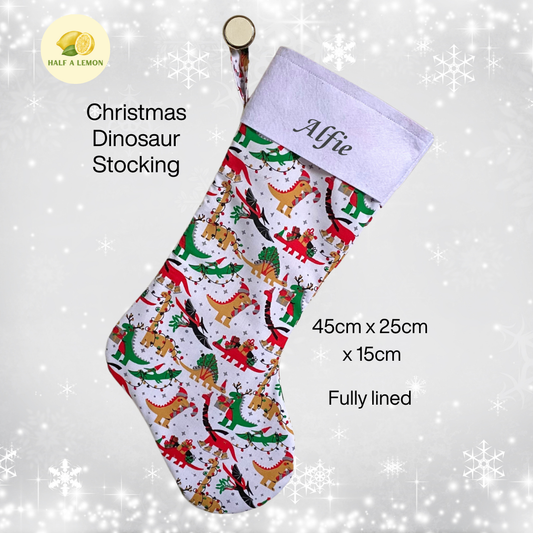 Christmas Stocking, Personalised Christmas Stockings, gift, Dinosaurs Stocking, Size 45cm x 15cm Top to Toe, Fully Lined, Decor,
