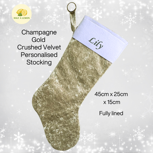 Christmas Stocking, Personalised Christmas Stockings, gift, Champagne Gold Velvet Stocking, Size 45cm x 15cm Top to Toe, Fully Lined, Decor,