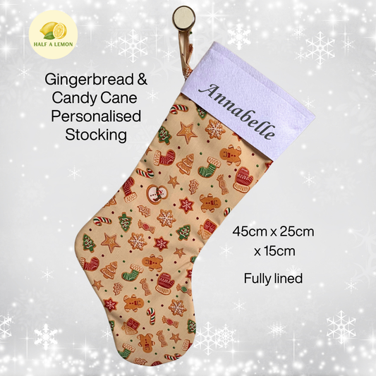 Christmas Stocking, Personalised Christmas Stockings, gift, Gingerbread and Candy Cane Stocking, Size 45cm x 18cm, Fully Lined, Decor,