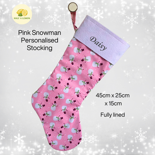 Christmas Stocking, Personalised Christmas Stockings, gift, Snowmen on Pink Stocking, Size 45cm x 15cm Top to Toe, Fully Lined, Decor,