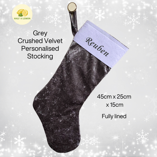 Christmas Stocking, Personalised Christmas Stockings, gift, Grey Velvet Stocking, Standard Size 45cm x 15cm Top to Toe, Fully Lined, Decor,