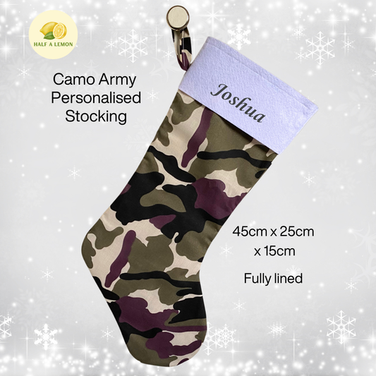 Christmas Stocking, Personalised Christmas Stockings, gift, Camo Stocking, Size 45cm x 15cm Top to Toe, Fully Lined, Decor,