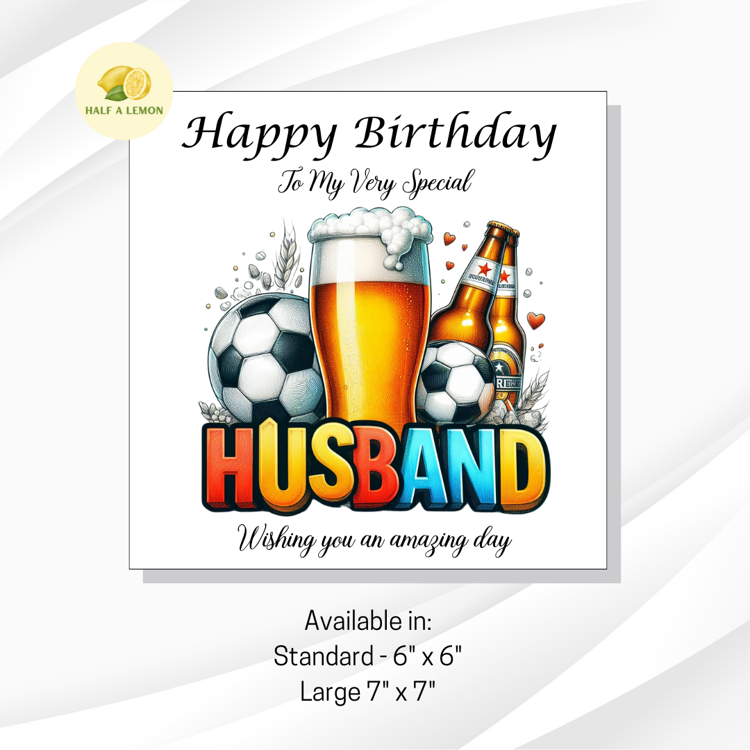 Husband Birthday card, Beer and Football Themed Birthday card for Husband, available in standard and large sizes.