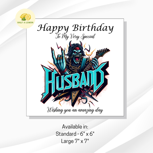 Husband Birthday card, Guitar and Heavy Metal Music Themed Birthday card for Husband, available in standard and large sizes