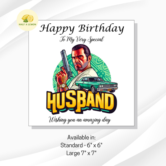 Birthday card for Husband, Husband Birthday, Gamer Husband, Video Game themed Birthday card, for him, cars, gift, available in standard and large sizes.