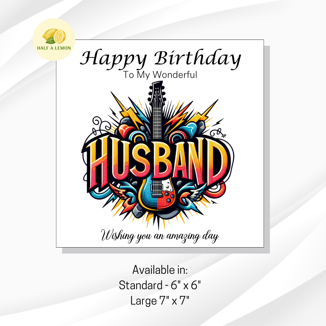 Husband Birthday card, Guitar and Rock Music Themed Birthday card for Husband, available in standard and large sizes