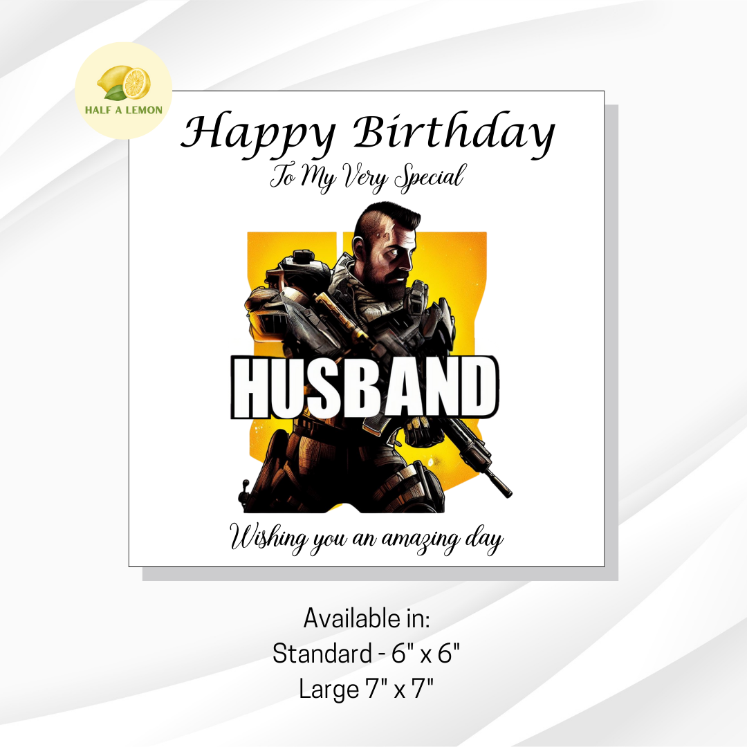 Birthday card for Husband, Husband Birthday, Gamer Husband, Video Game themed Birthday card, for him, Tactical Shooter, gift, available in standard and large sizes.