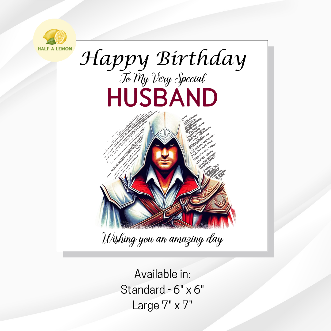 Birthday card for Husband, Husband Birthday, Gamer Husband, Video Game themed Birthday card, for him, Sword Assassin, gift, available in standard and large sizes.