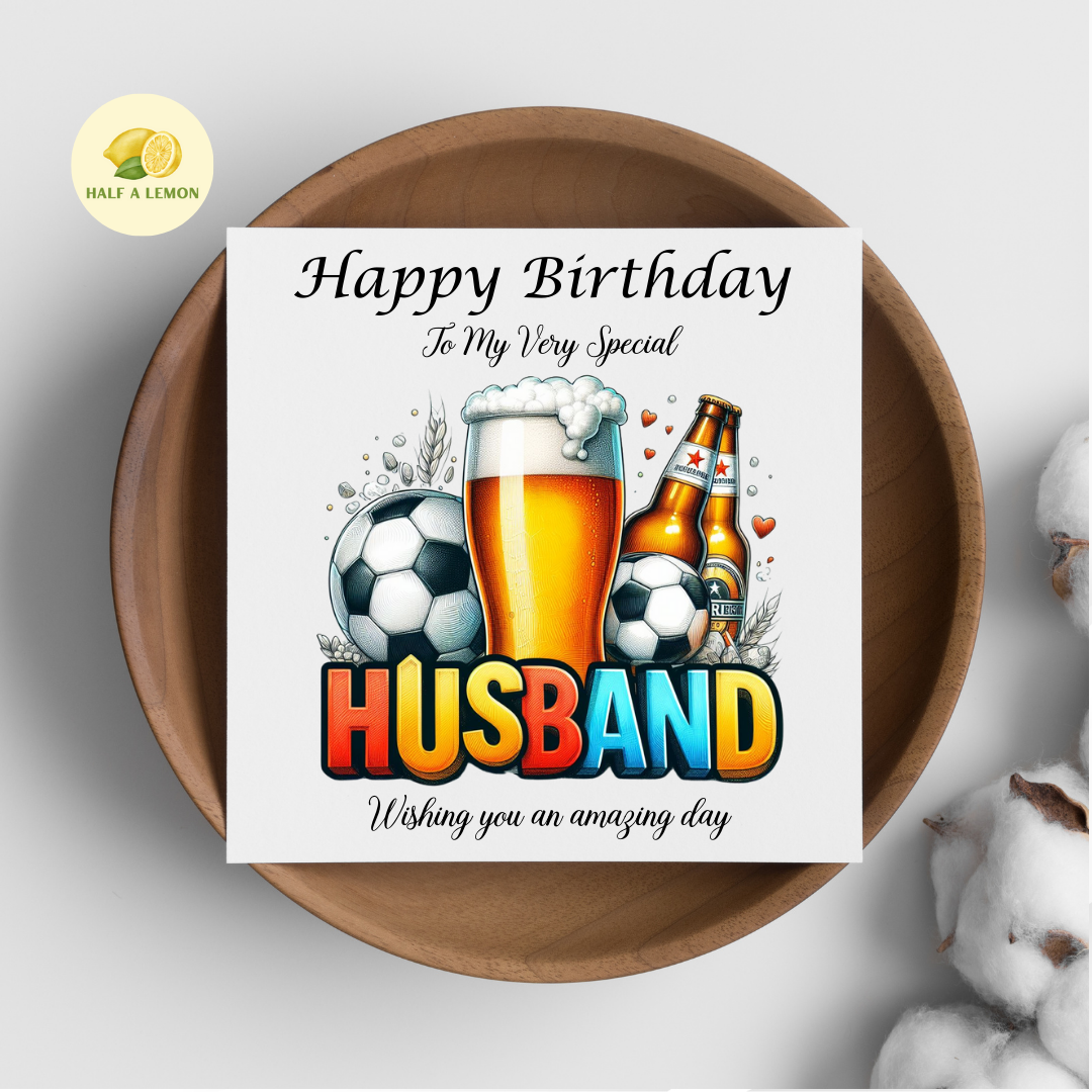 Husband Birthday card, Beer and Football Themed Birthday card for Husband, available in standard and large sizes.