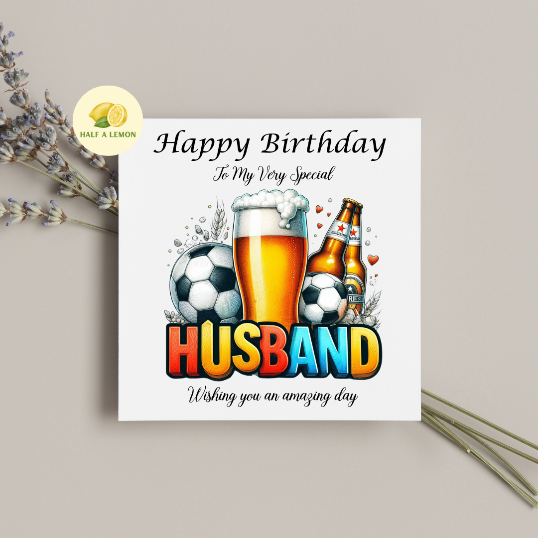 Husband Birthday card, Beer and Football Themed Birthday card for Husband, available in standard and large sizes.