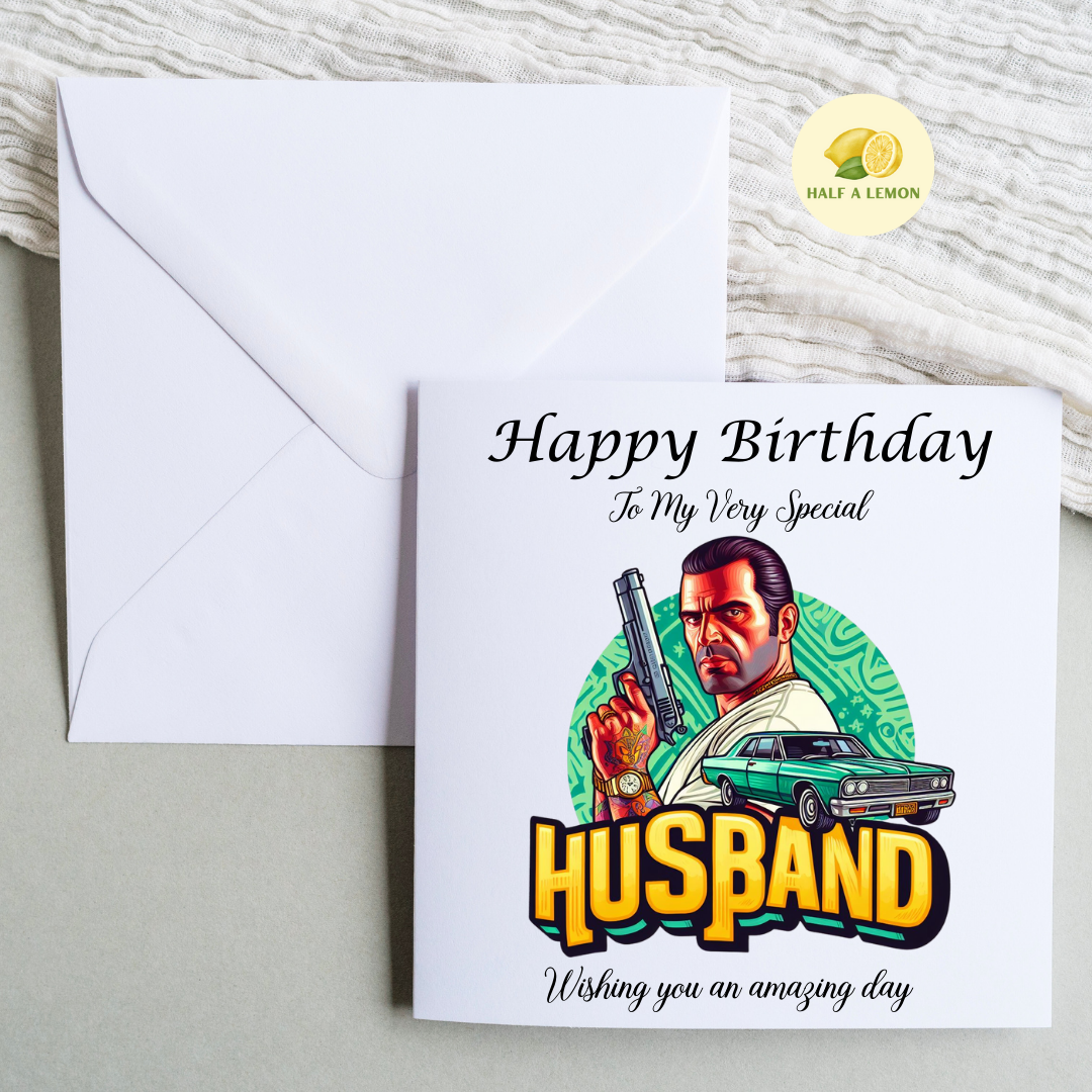 Birthday card for Husband, Husband Birthday, Gamer Husband, Video Game themed Birthday card, for him, cars, gift, available in standard and large sizes.