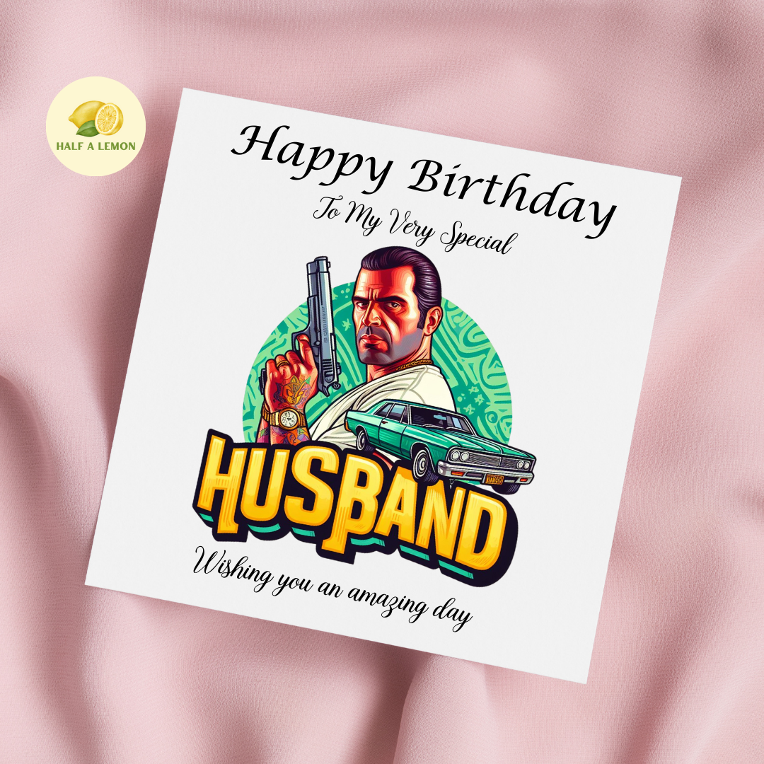 Birthday card for Husband, Husband Birthday, Gamer Husband, Video Game themed Birthday card, for him, cars, gift, available in standard and large sizes.