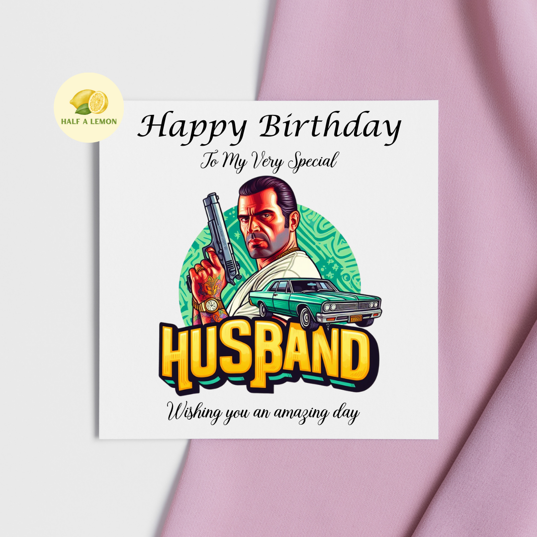 Birthday card for Husband, Husband Birthday, Gamer Husband, Video Game themed Birthday card, for him, cars, gift, available in standard and large sizes.