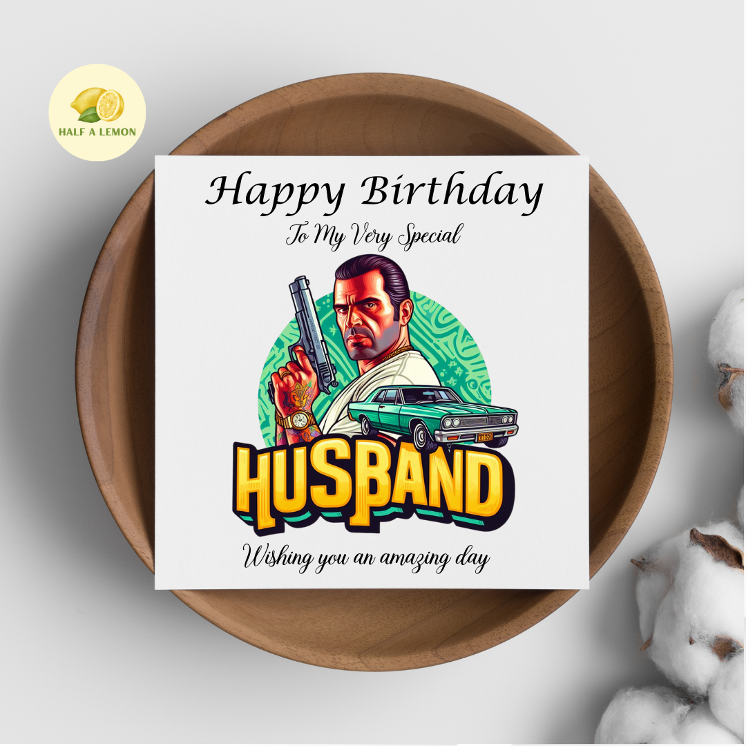 Birthday card for Husband, Husband Birthday, Gamer Husband, Video Game themed Birthday card, for him, cars, gift, available in standard and large sizes.