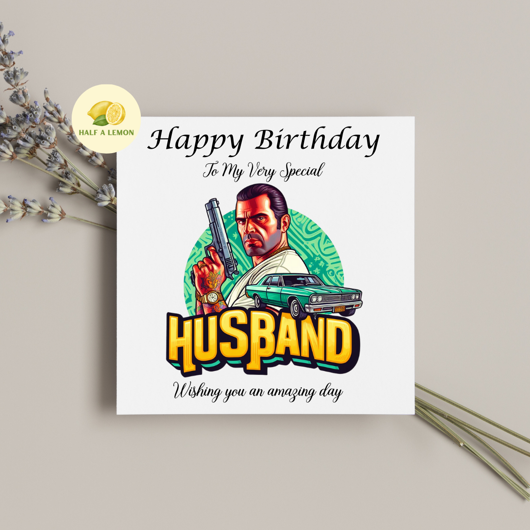 Birthday card for Husband, Husband Birthday, Gamer Husband, Video Game themed Birthday card, for him, cars, gift, available in standard and large sizes.