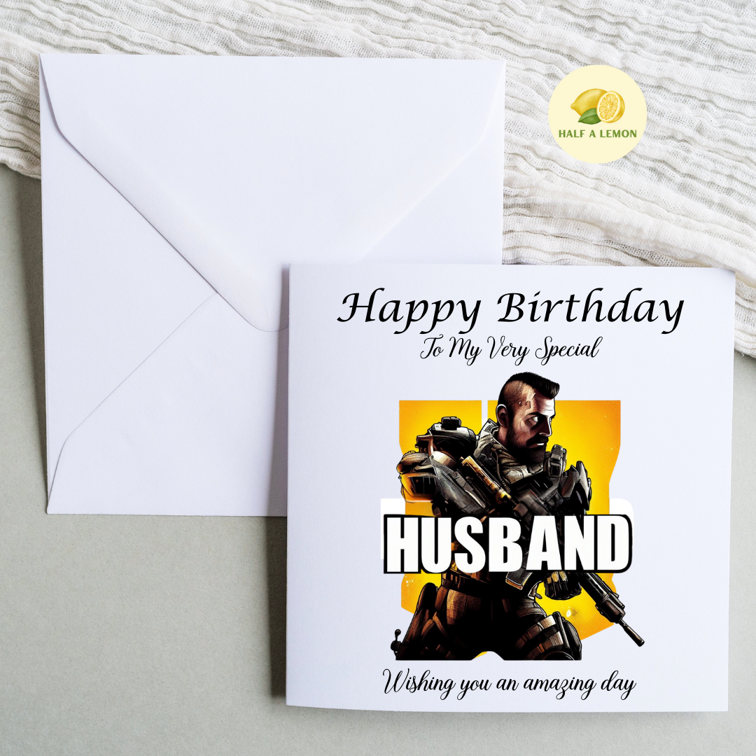 Birthday card for Husband, Husband Birthday, Gamer Husband, Video Game themed Birthday card, for him, Tactical Shooter, gift, available in standard and large sizes.