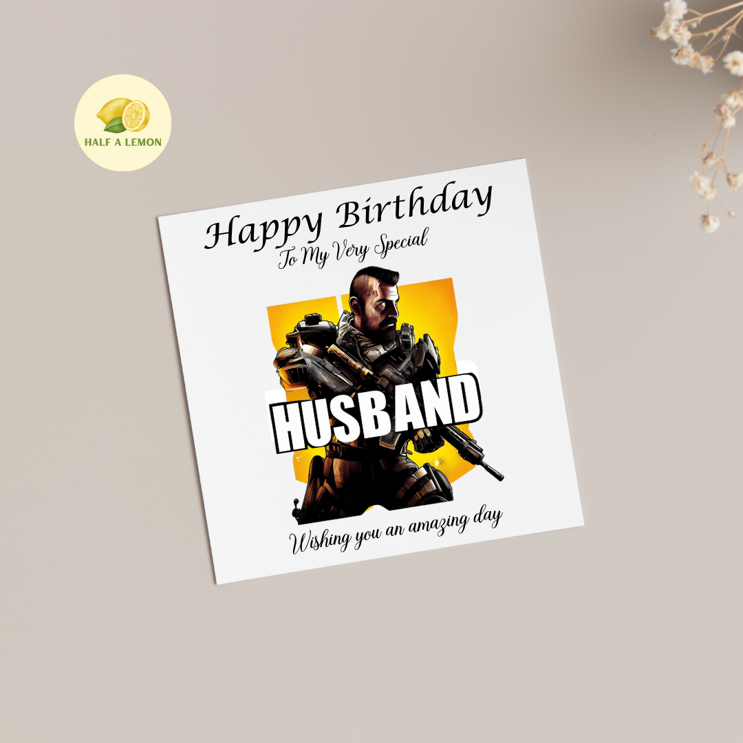 Birthday card for Husband, Husband Birthday, Gamer Husband, Video Game themed Birthday card, for him, Tactical Shooter, gift, available in standard and large sizes.