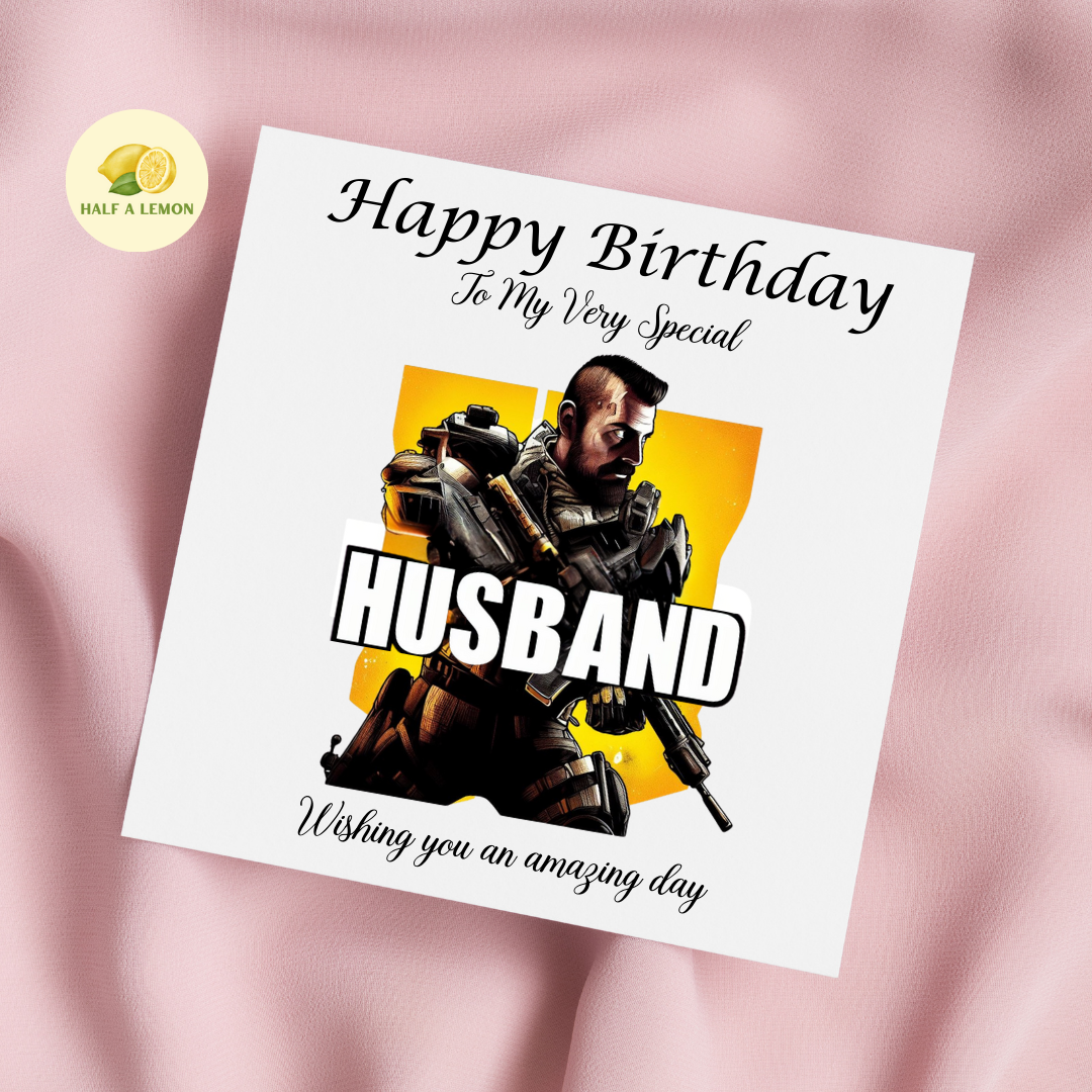 Birthday card for Husband, Husband Birthday, Gamer Husband, Video Game themed Birthday card, for him, Tactical Shooter, gift, available in standard and large sizes.