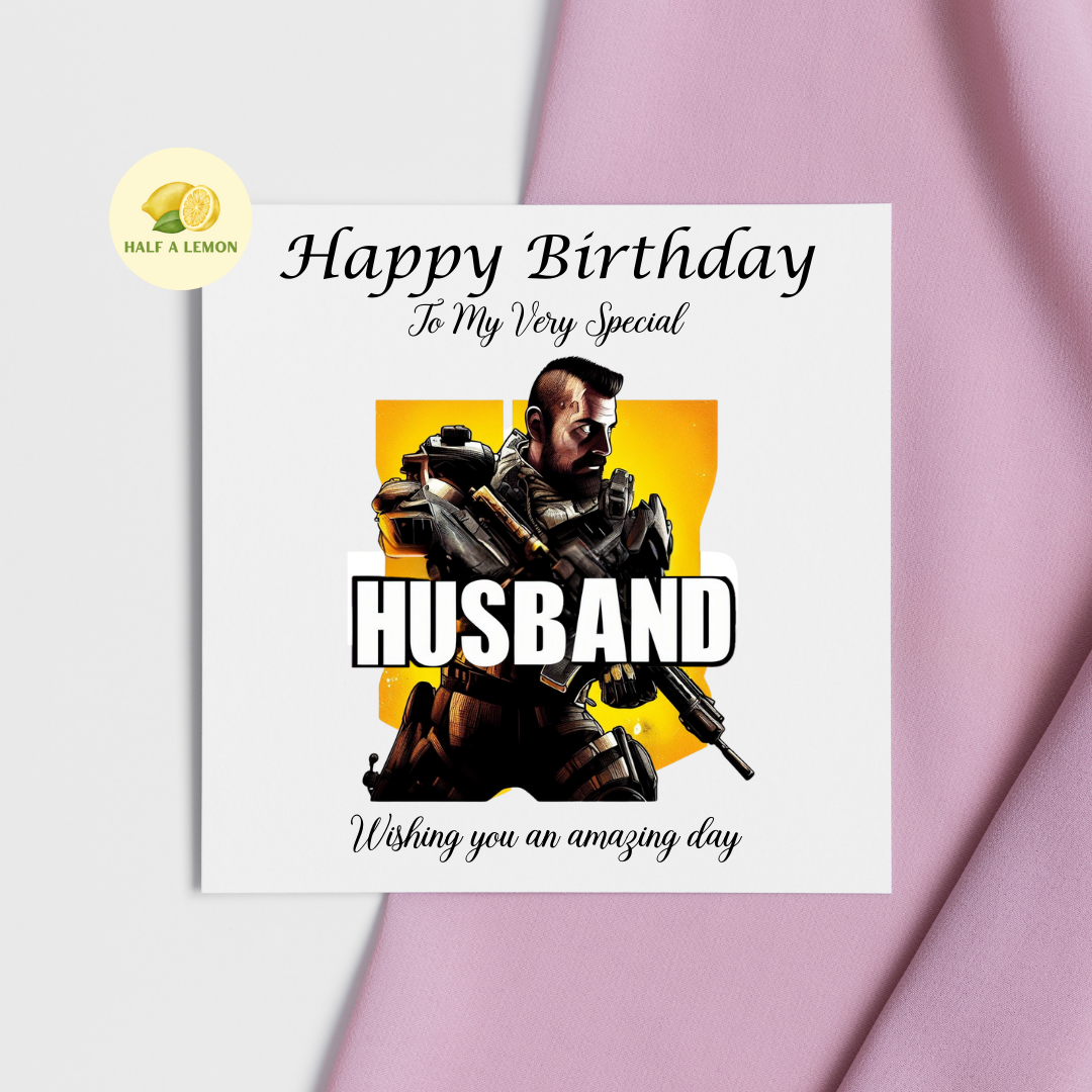 Birthday card for Husband, Husband Birthday, Gamer Husband, Video Game themed Birthday card, for him, Tactical Shooter, gift, available in standard and large sizes.