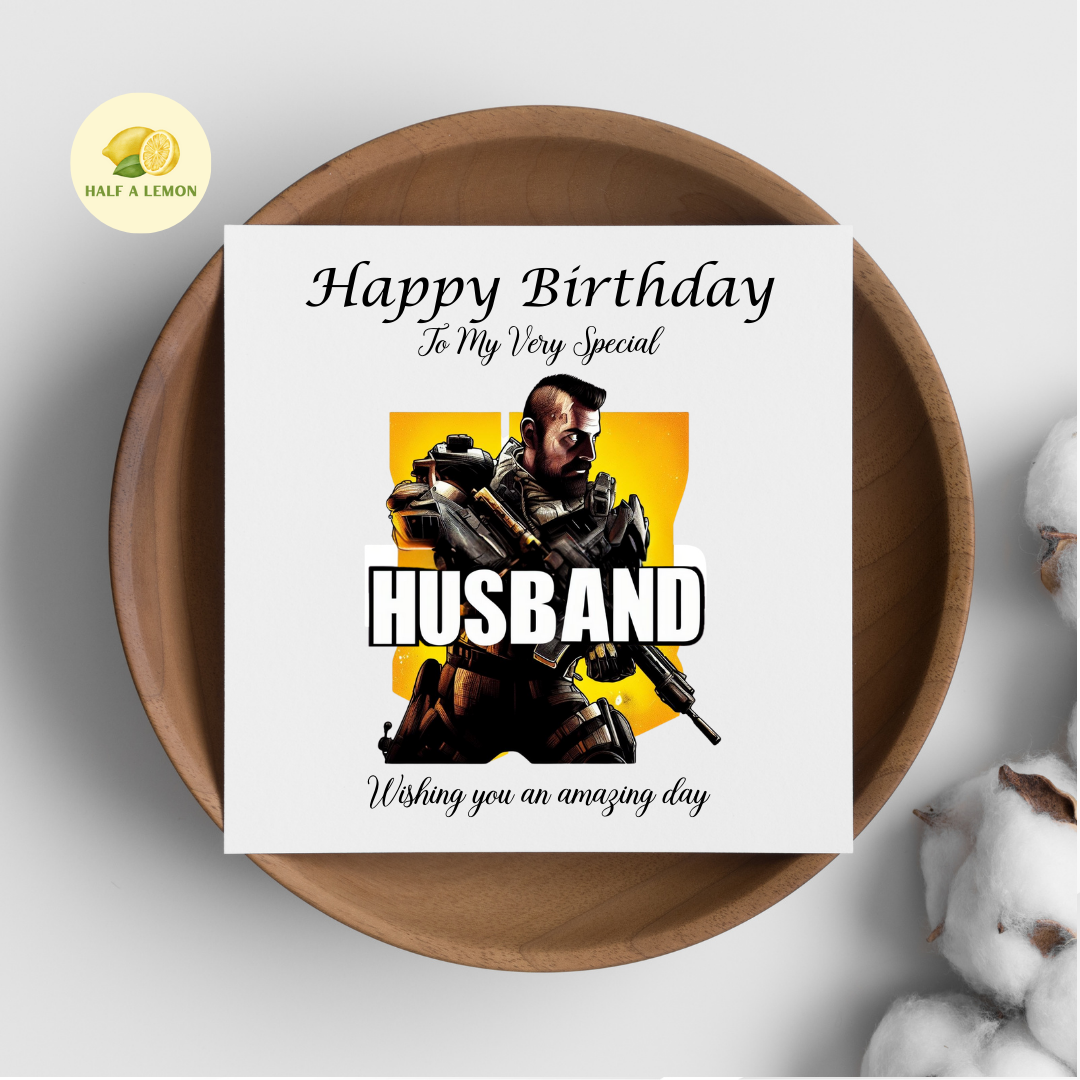 Birthday card for Husband, Husband Birthday, Gamer Husband, Video Game themed Birthday card, for him, Tactical Shooter, gift, available in standard and large sizes.