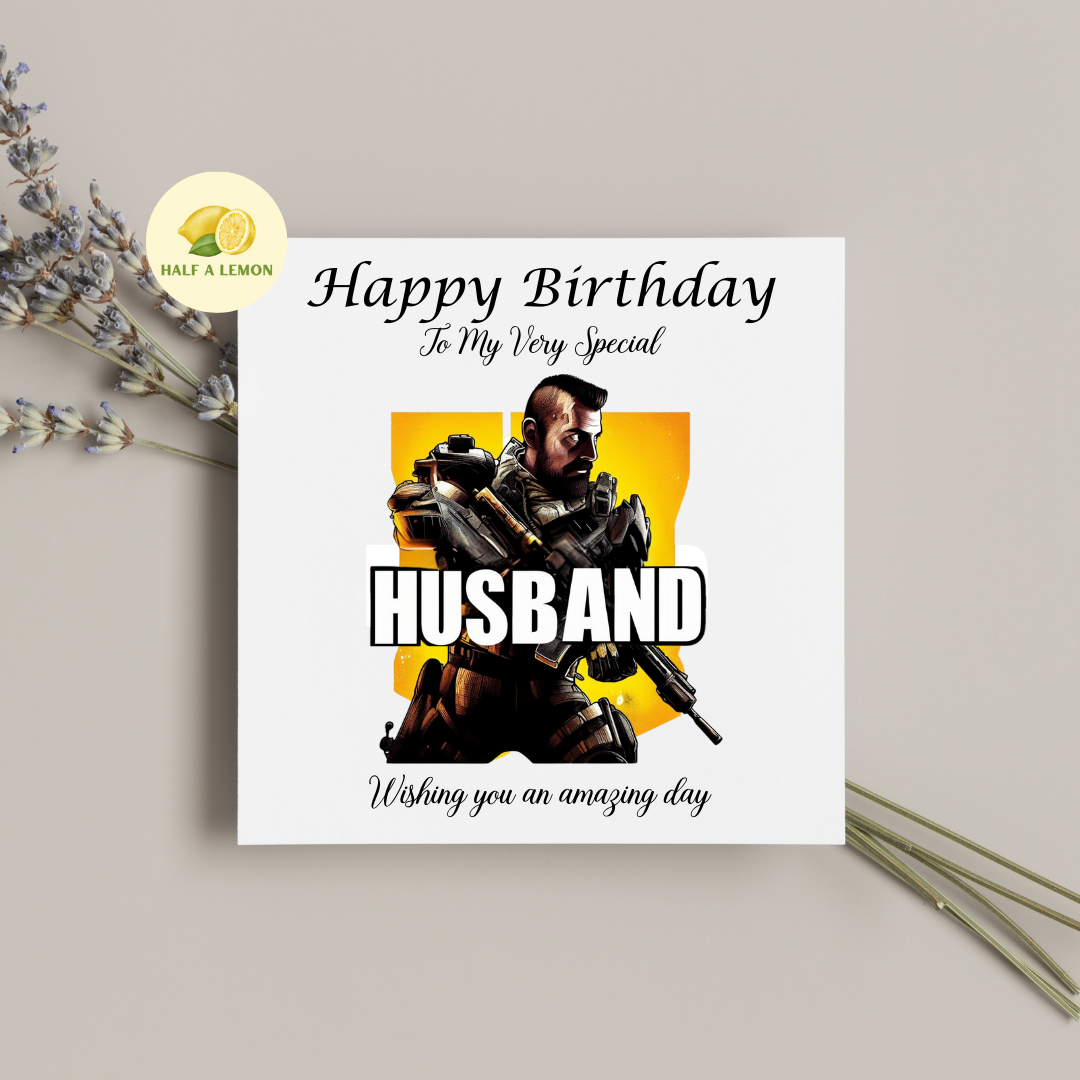 Birthday card for Husband, Husband Birthday, Gamer Husband, Video Game themed Birthday card, for him, Tactical Shooter, gift, available in standard and large sizes.