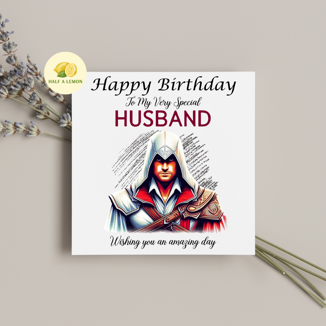 Birthday card for Husband, Husband Birthday, Gamer Husband, Video Game themed Birthday card, for him, Sword Assassin, gift, available in standard and large sizes.