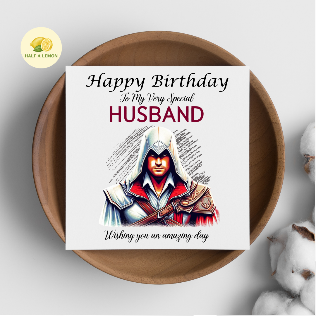 Birthday card for Husband, Husband Birthday, Gamer Husband, Video Game themed Birthday card, for him, Sword Assassin, gift, available in standard and large sizes.