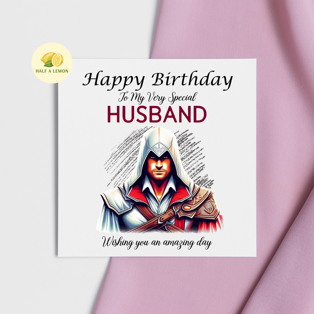 Birthday card for Husband, Husband Birthday, Gamer Husband, Video Game themed Birthday card, for him, Sword Assassin, gift, available in standard and large sizes.