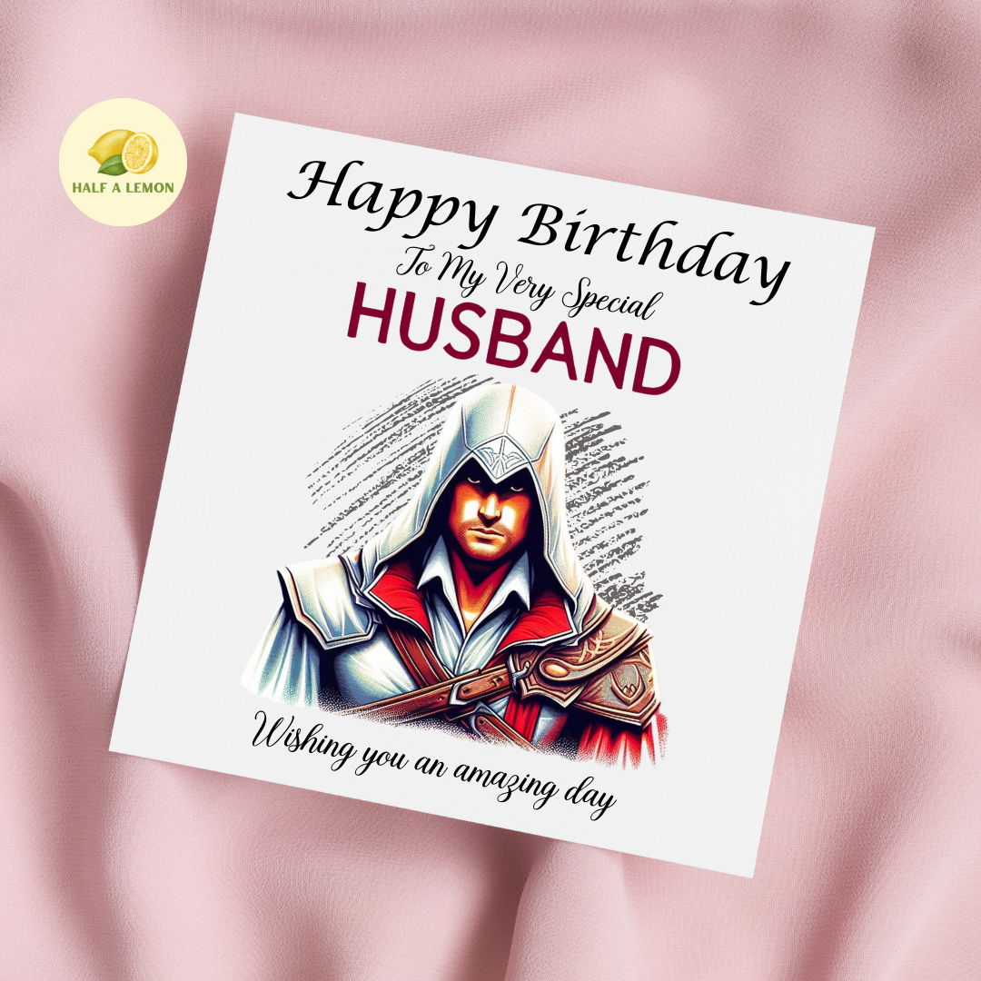 Birthday card for Husband, Husband Birthday, Gamer Husband, Video Game themed Birthday card, for him, Sword Assassin, gift, available in standard and large sizes.