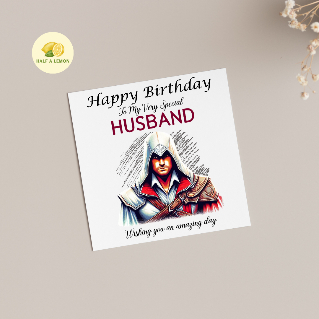 Birthday card for Husband, Husband Birthday, Gamer Husband, Video Game themed Birthday card, for him, Sword Assassin, gift, available in standard and large sizes.