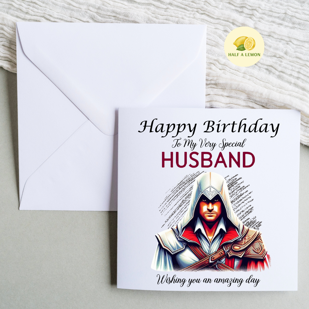 Birthday card for Husband, Husband Birthday, Gamer Husband, Video Game themed Birthday card, for him, Sword Assassin, gift, available in standard and large sizes.