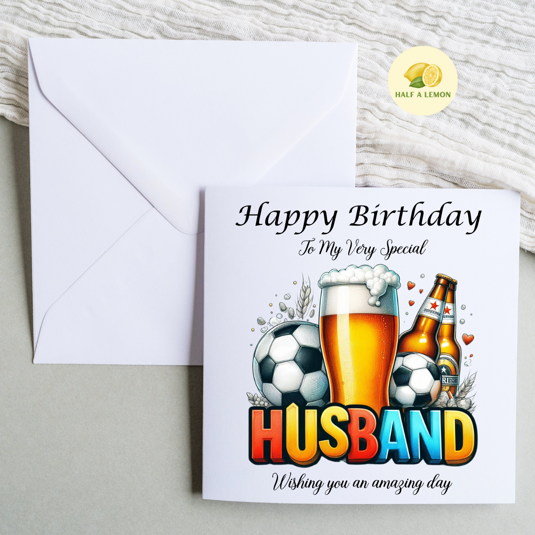 Husband Birthday card, Beer and Football Themed Birthday card for Husband, available in standard and large sizes.