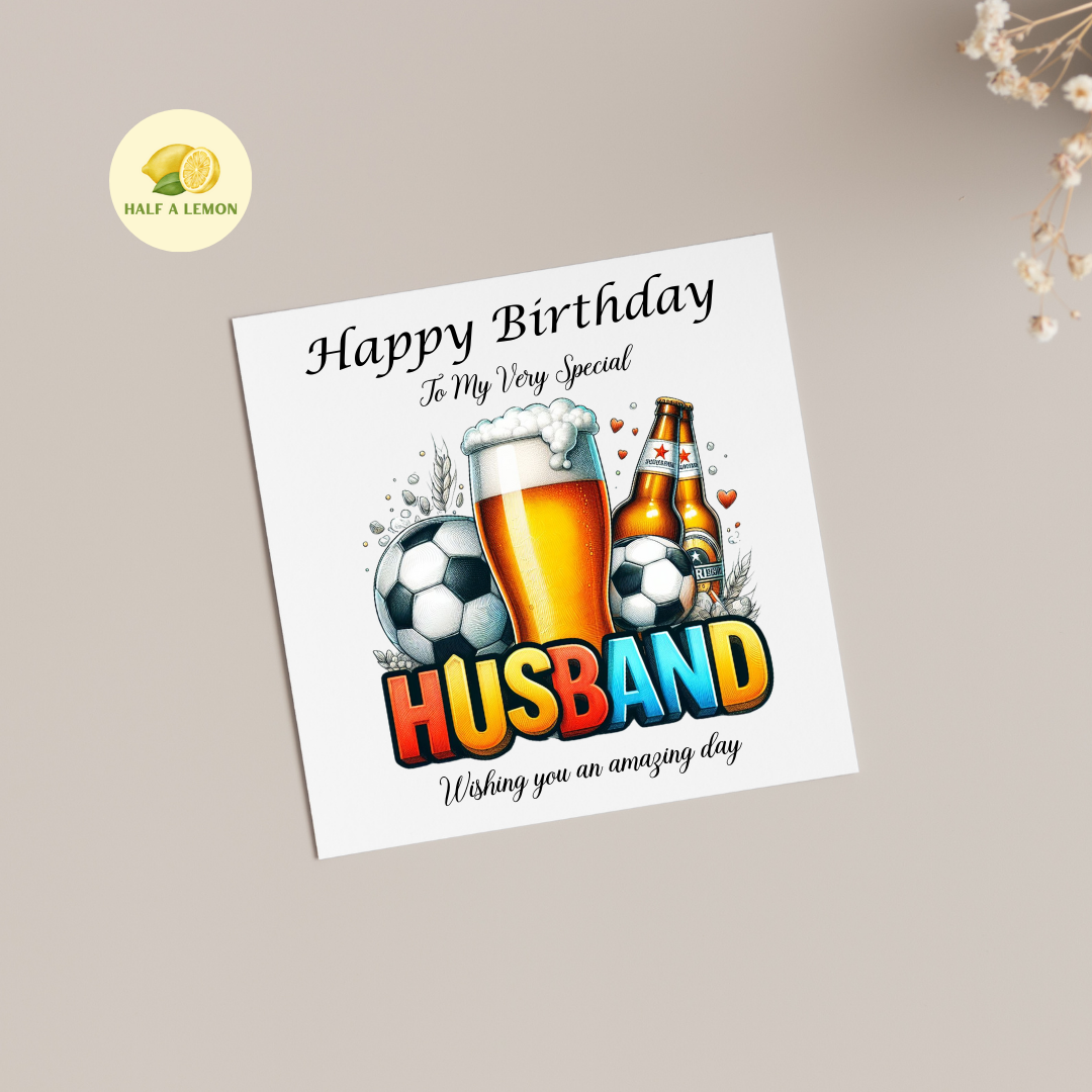 Husband Birthday card, Beer and Football Themed Birthday card for Husband, available in standard and large sizes.