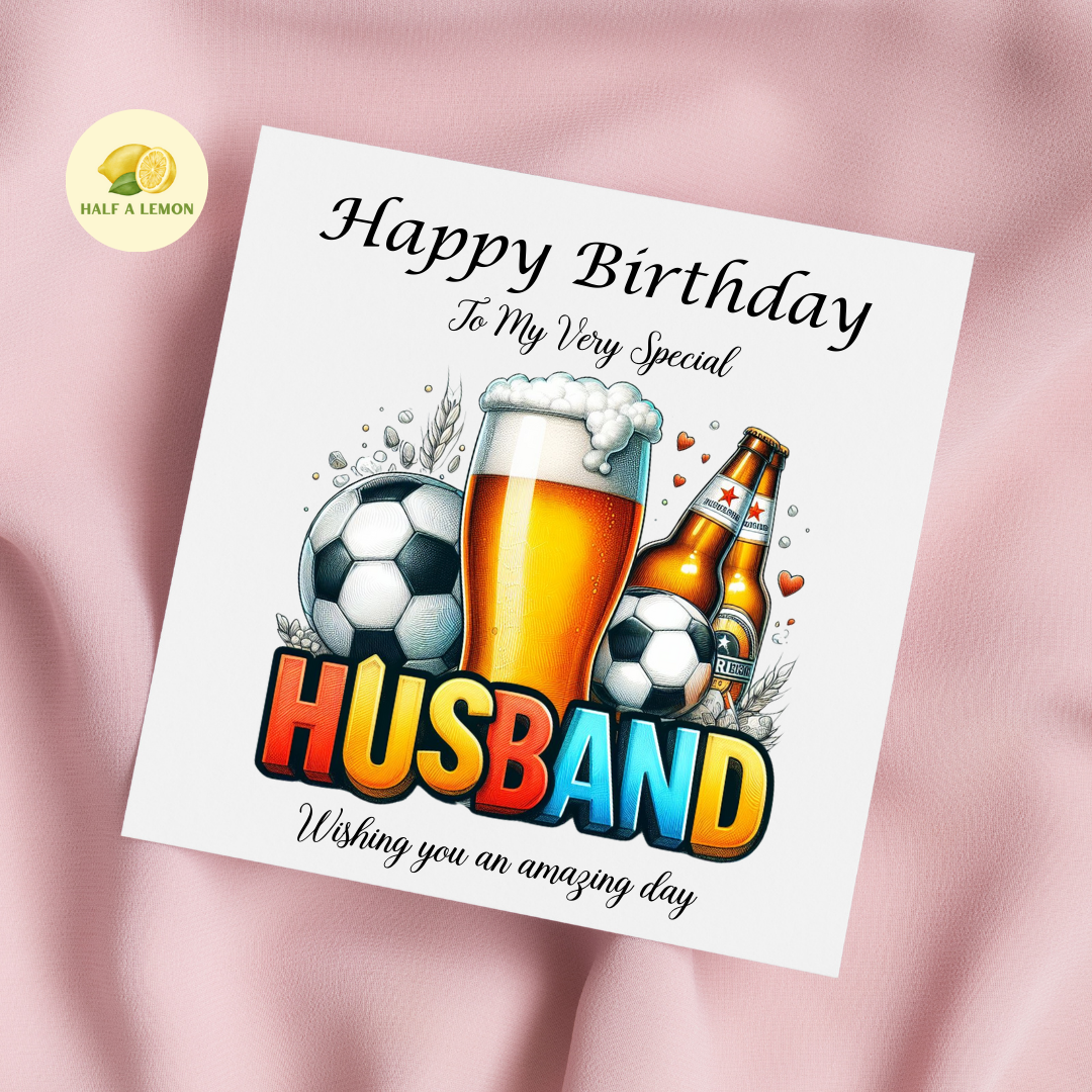 Husband Birthday card, Beer and Football Themed Birthday card for Husband, available in standard and large sizes.