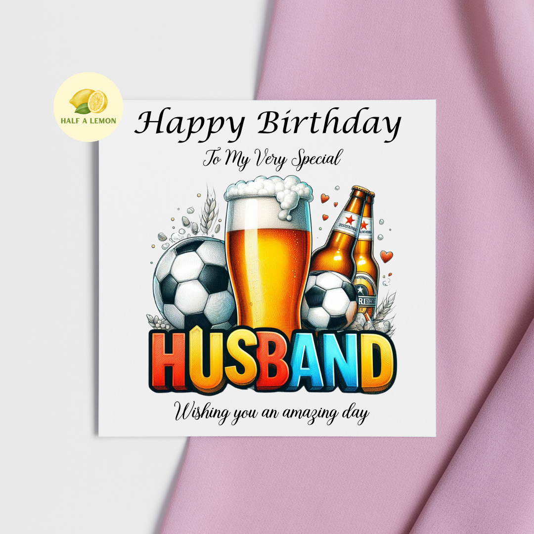 Husband Birthday card, Beer and Football Themed Birthday card for Husband, available in standard and large sizes.