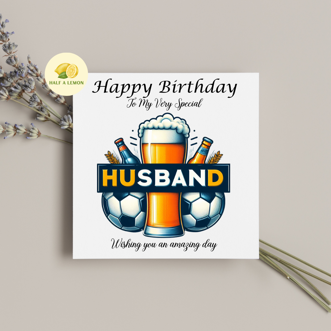 Husband Birthday card, Beer and Football Themed Birthday card for Husband, available in standard and large sizes