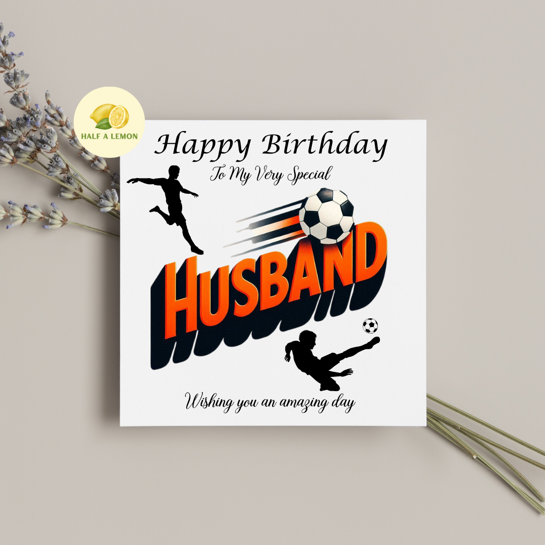 Husband Birthday card, Football Themed Birthday card for Husband, available in standard and large sizes.