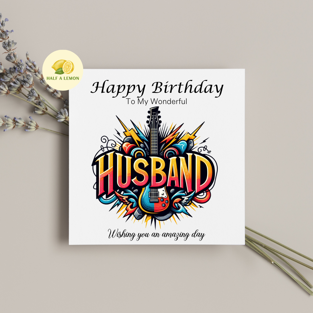 Husband Birthday card, Guitar and Rock Music Themed Birthday card for Husband, available in standard and large sizes