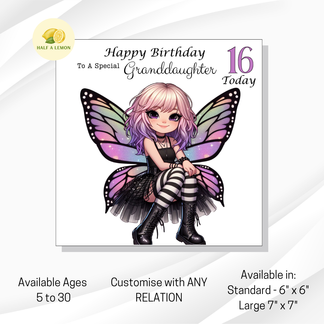 Birthday Card, The Happy Grunge Fairy, available in Ages 5 to 30, customise for ANY Relative, Standard and Large Sizes available