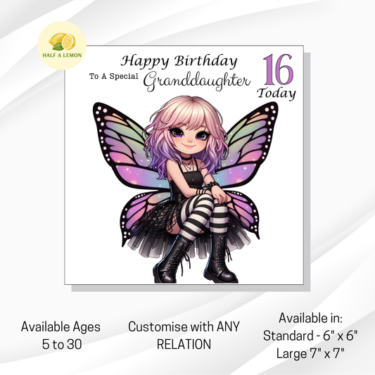 Birthday Card, The Happy Grunge Fairy, available in Ages 5 to 30, customise for ANY Relative, Standard and Large Sizes available